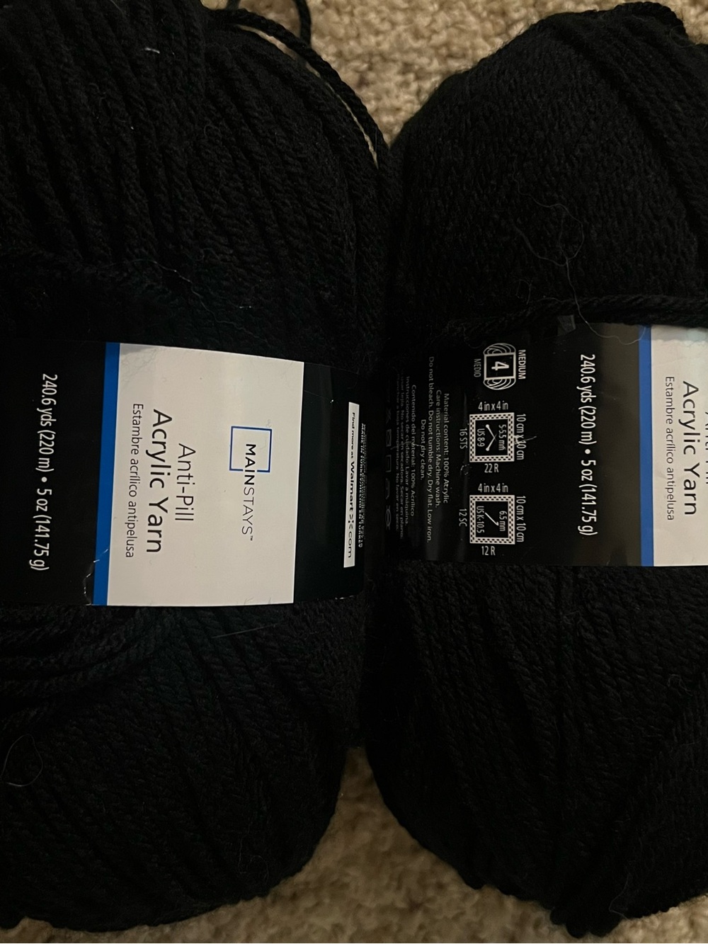 Mainstays Black Acrylic Yarn - Anti-Pill Skeins